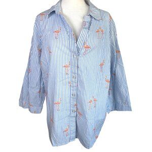Chico's Blouse Top Size 3 XLarge 3/4 Sleeve Button Up Pink Flamingo Blue Stripe